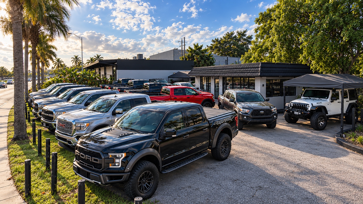Vista exterior del lote de Wes Trocas 305 con camionetas frente a la oficina